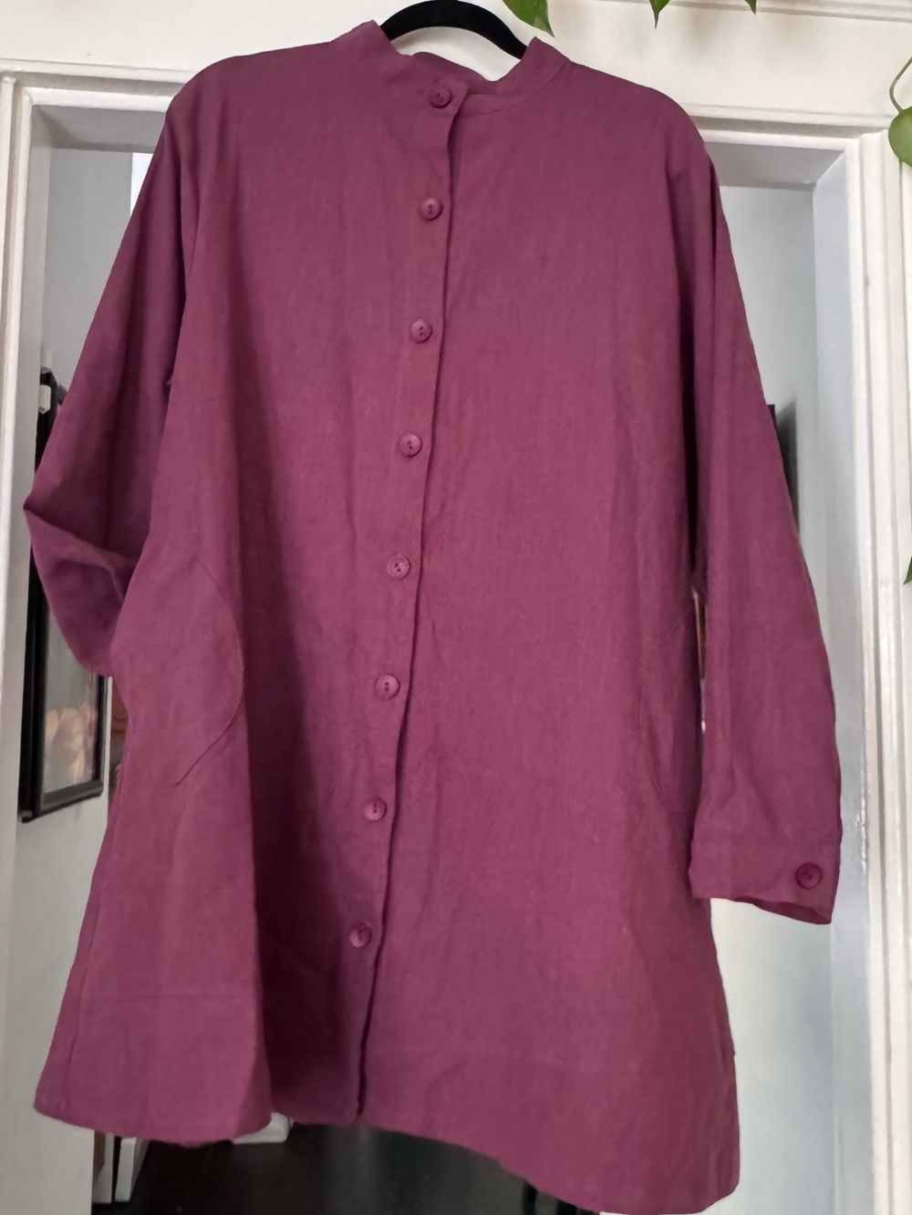Maroon Purple Linen Cotton Button Front long Tunic Top pockets long sleeve sz 2X